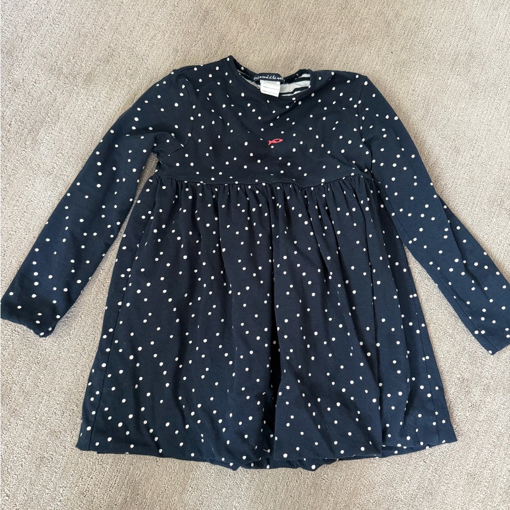 French reversible Navy and white Kids Dress with White Dots and stripes